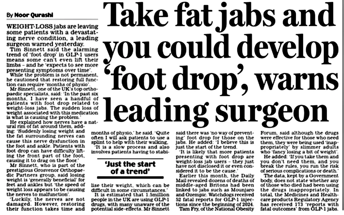 Mr Tim Sinnett advises national media on foot and ankle risks linked to weight loss injections